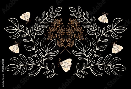 Hand drawn symmetrical pattern with flowers and moths