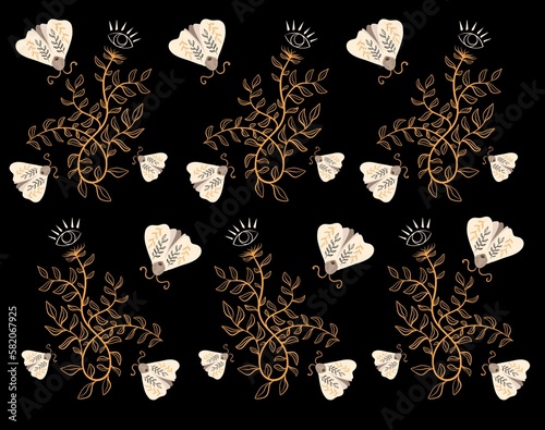 Seamless pattern with moths and mystical plants with eyes
