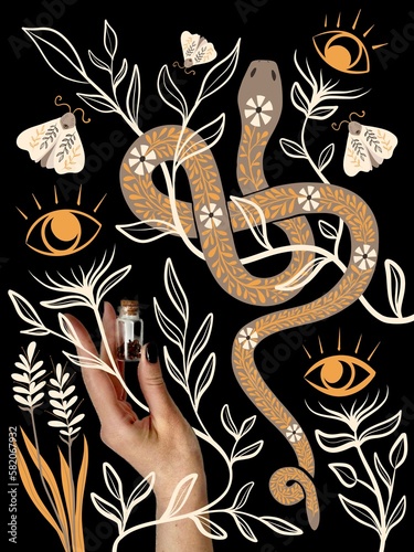 Hand holding potion, hand drawn snake, moths, eyes and flowers