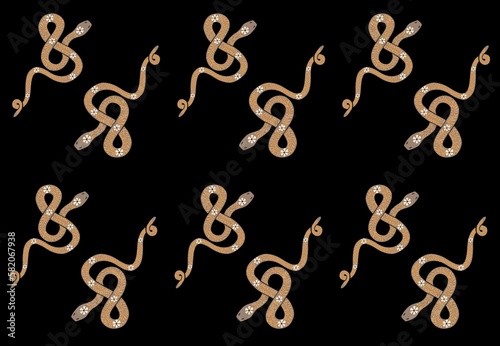 Seamless pattern with golden snakes with floral ornament on its back
