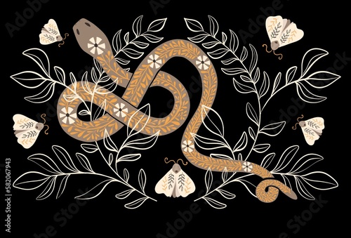 Golden snake with floral ornament on its back, moths and symmetrical floral pattern