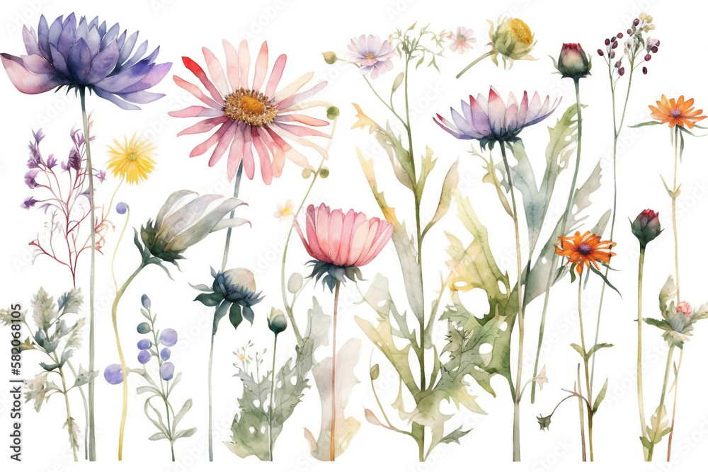 delicate watercolor beautiful meadow flowers on white background. generative ai delicate watercolor beautiful meadow flowers on white background. generative ai