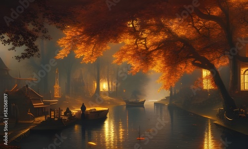 Ilustracja inspirowana starą europą,  kanał z wodą, rzeka, łodzie, drzewa. Malowniczy jesienny klimat. Wygenerowane przy pomocy AI.