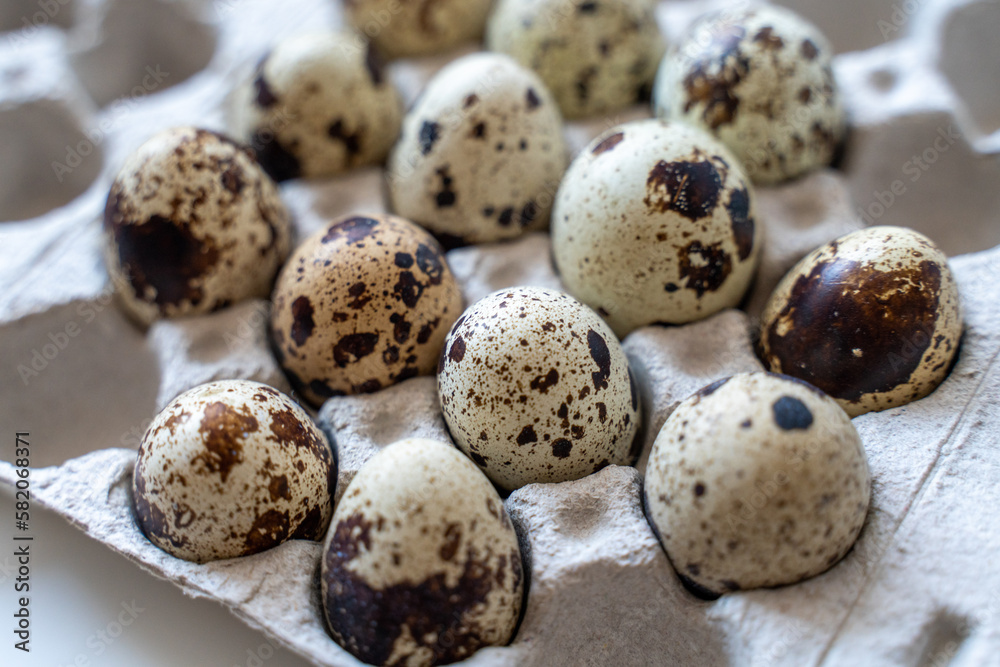 Spotted quail eggs in an egg box on a light background, natural eco-friendly products. Spotted quail eggs in an egg box on a light background, natural eco-friendly products.