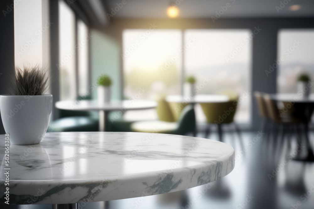 Marble table top on blur restaurant background made with Generative AI.