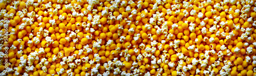 Closeup of popcorn texture with yellow and white kernels creating simple and entertaining background. Food illustration is great for cinema or movie themed designs. Vector