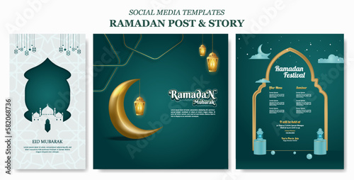 Set islamic digital banner templates. Bundle ramadan social media story and posts vector illustration.