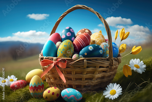 Basket with easter eggs in grass on a sunny spring day, copy space. AI	