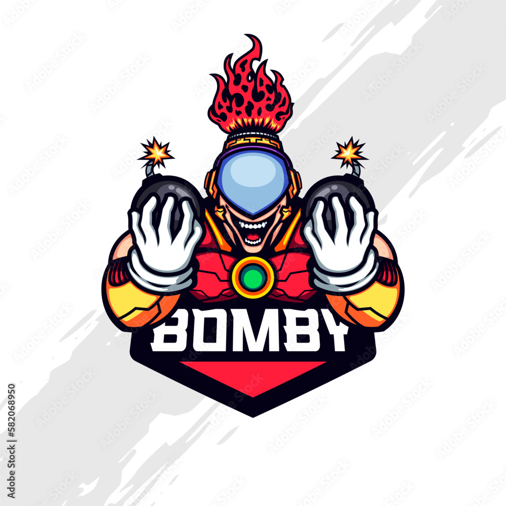 Bomber Mascot Logo with Futuristic Flaming Helmet
