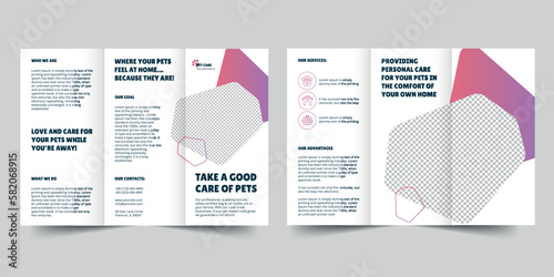 Pet Grooming Care trifold brochure template. A clean, modern, and high-quality design tri fold brochure vector design. Editable and customize template brochure