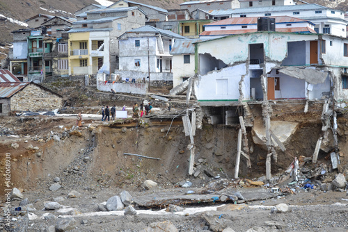 Damaged buildings due to Kedarnath disaster in June 2013. In 2013, a multi-day cloudburst centered on the North Indian state of Uttarakhand caused country's worst natural disaster.