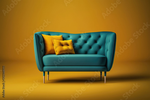 Modern blue sofa with cushions over yellow background made with Generative AI.