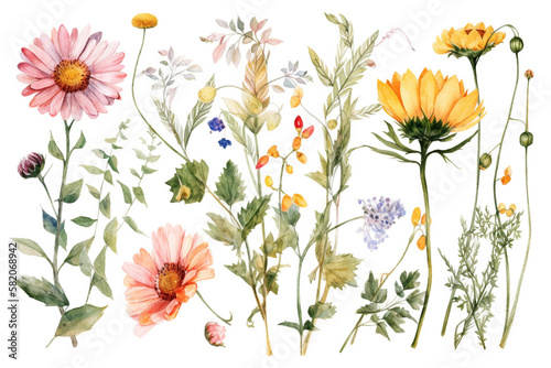 delicate watercolor beautiful meadow flowers on white background. generative ai