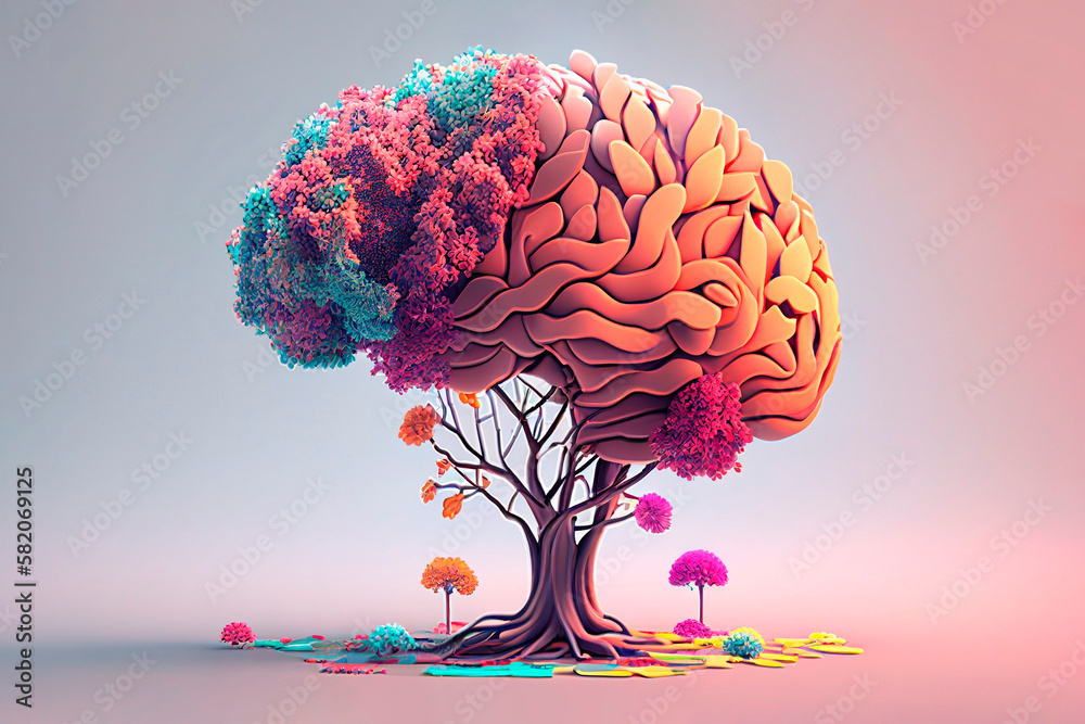 Human brain tree with flowers, self care and mental health concept