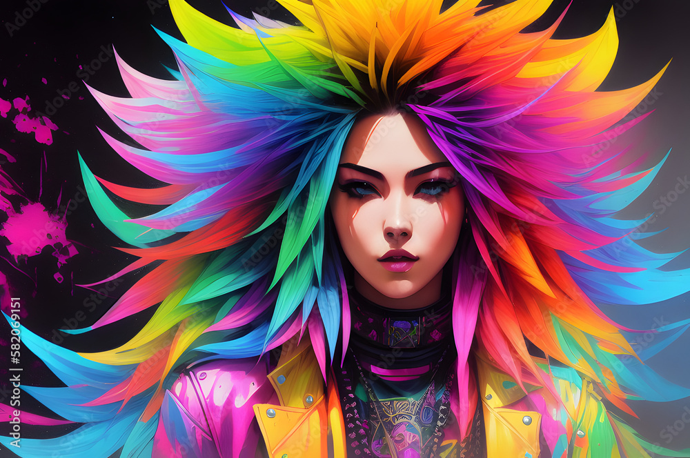 Female cyberpunk portrait, a woman with long colorful hair. Generative AI.	