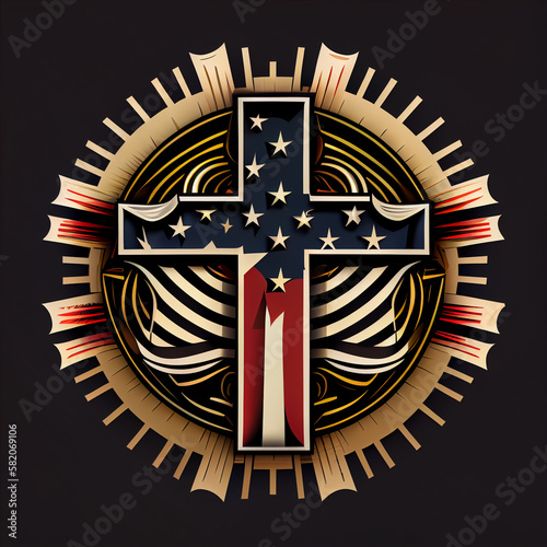 Evangelical America, christianity, born again christian and fundamentalist religious right concept with close up on a wooden cross or crucifix on the american flag with dramatic light and moody tone photo