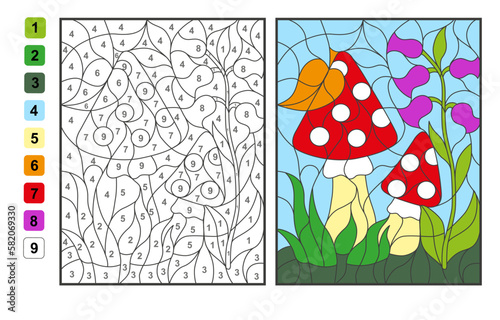 Vector coloring page Color by numbers amanita mushrooms. Puzzle game for children education and activities