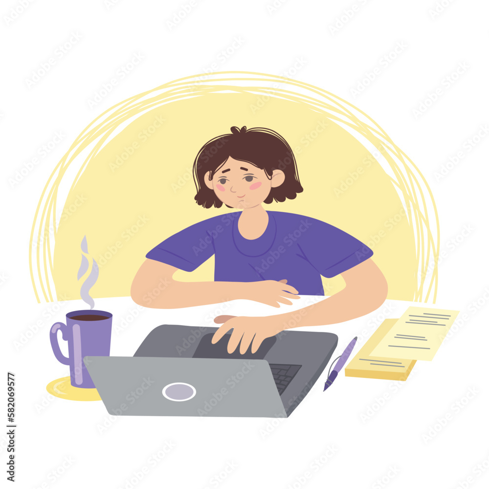 A woman is working on a laptop in the office at the workplace. A female character sitting at a table. Work on a PC. Vector illustration in a flat cartoon style. A woman is working on a laptop in the office at the workplace. A female character sitting at a table. Work on a PC. Vector illustration in a flat cartoon style.
