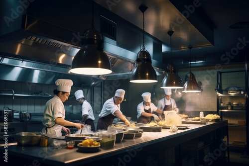 Professional kitchen with chefs cooking, restaurant kitchen , ai generative photo