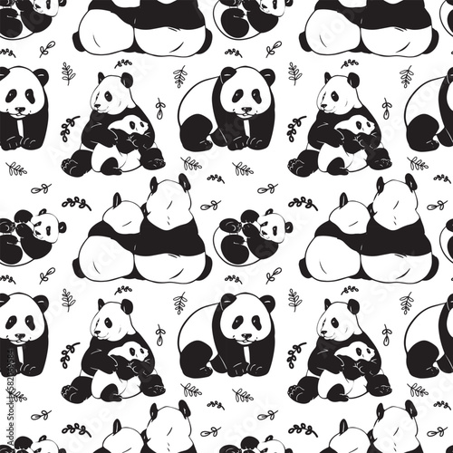 Hand-drawn minimalistic pattern with cute pandas in black and white colors. Collage with a modern print. Fashionable design template.