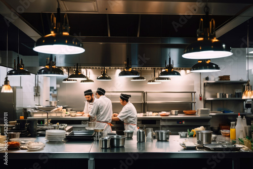 Fototapeta Naklejka Na Ścianę i Meble -  Professional kitchen with chefs cooking, restaurant kitchen , ai generative