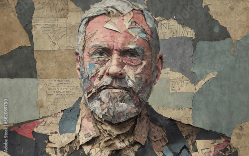 Portraits of elderly man made from scraps of old newspapers, advertisements, photographs and memories. Abstract background with torn paper. Content made with generative AI not based on real persons.