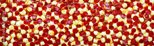 Flat lay of delicious pizza with melted mozzarella cheese and pepperoni slices texture. Fast food's fatty and unhealthy nature is evident. Vector