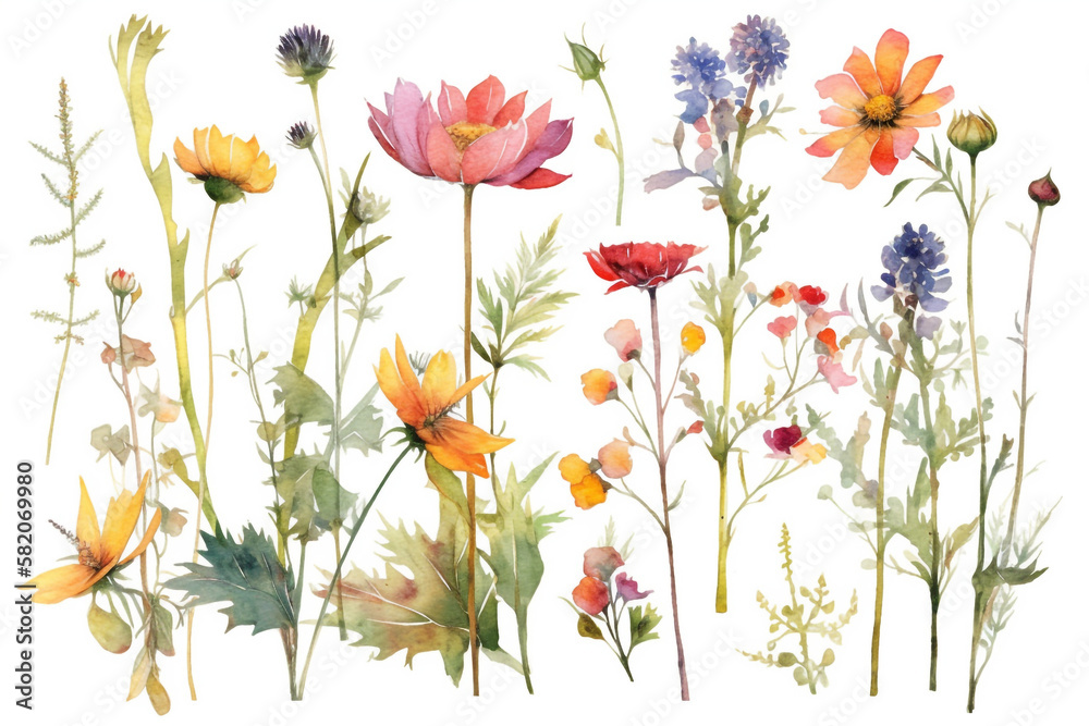 delicate watercolor beautiful meadow flowers on white background. generative ai