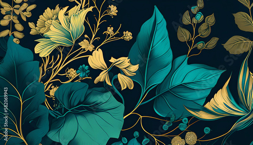 Fototapeta Naklejka Na Ścianę i Meble -  Leaf and flowers pattern on a black background at green and gold colors generated AI. Illustration for design, postcard or print.