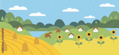 hellowVector horizontal illustration of a forest landscape  fields with sunflowers  cows and lakes. Ukrainian landscape. Nature illustration for children s books  prints and designs