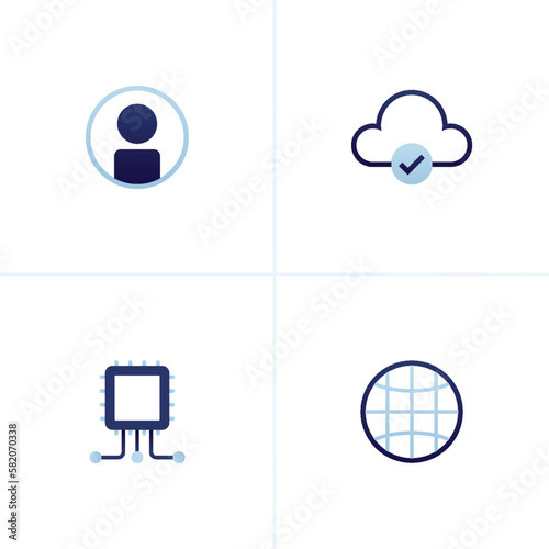 Icon vector of new user profile avatar, cloud approve secured and verified, chip framework and semiconductor, internet globe line. Can be used for company website, web, poster ads, mobile apps, banner