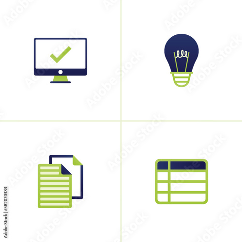 Icon vector of Computer software with ticks or verified, idea lamps and thoughts, documents that are stacked one on the other, tables for finance and accounting. Can be used for websites, poster, apps