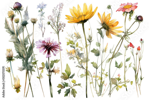 delicate watercolor beautiful meadow flowers on white background. generative ai © pa-ka
