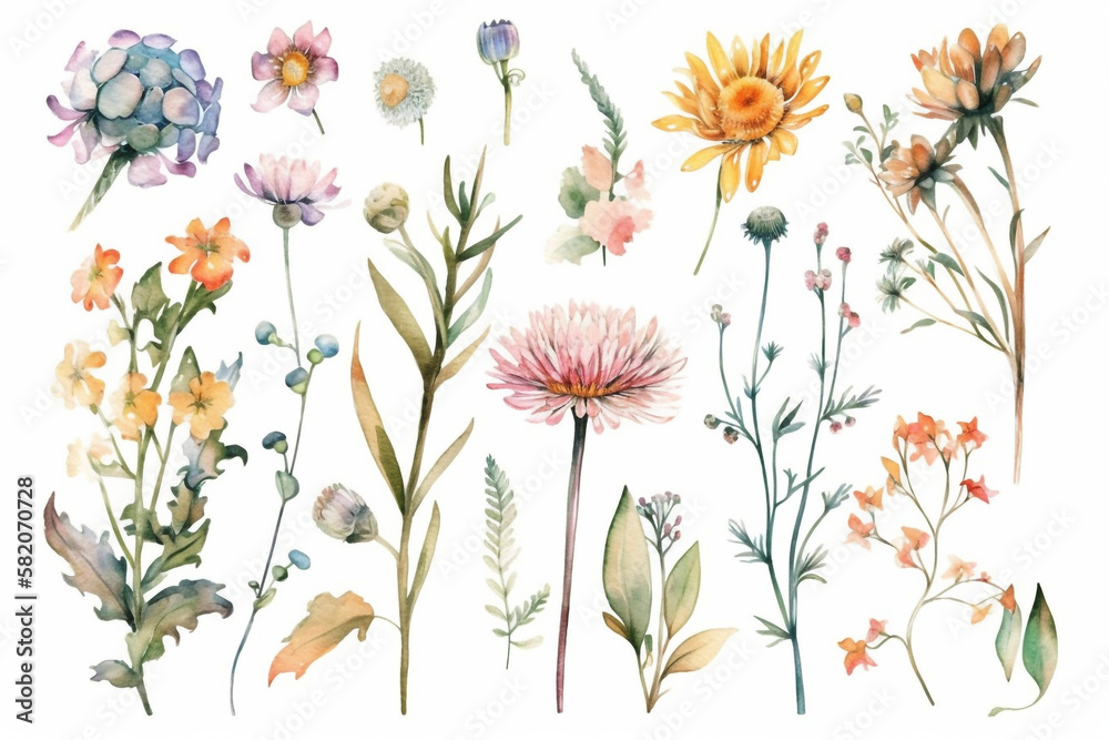 delicate watercolor beautiful meadow flowers on white background. generative ai