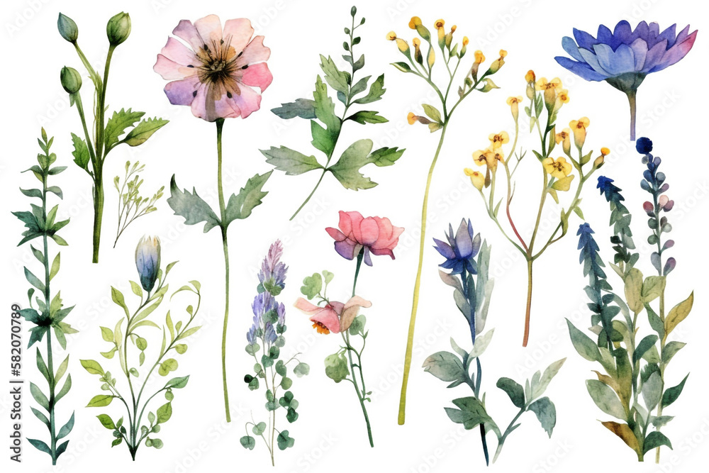delicate watercolor beautiful meadow flowers on white background. generative ai delicate watercolor beautiful meadow flowers on white background. generative ai
