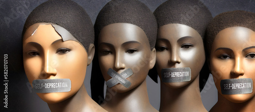Self deprecation - Censored and Silenced Women of Color. Standing United with Their Lips Taped in a Powerful Display of Protest Against the Suppression of Women's Voices,3d illustration photo