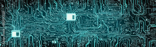 High tech digital circuit board with blue and green abstract design, perfect for posters, covers, or digital art. Vector