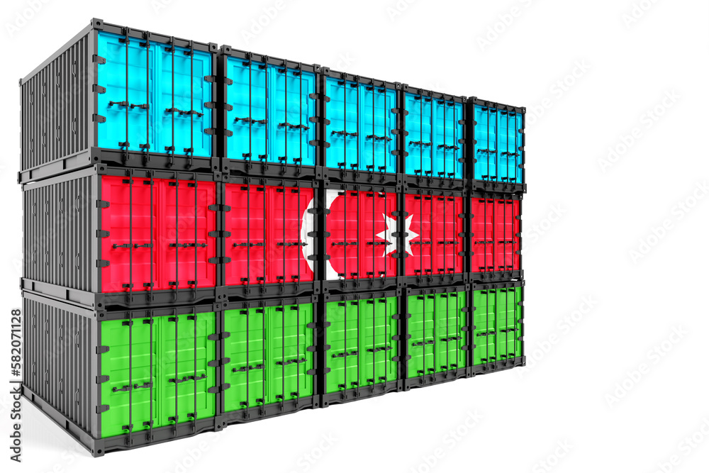 The concept of Azerbajdan export-import, container transporting and national delivery of goods. 3D illustration container with the national flag of Azerbajdan , view front The concept of Azerbajdan export-import, container transporting and national delivery of goods. 3D illustration container with the national flag of Azerbajdan , view front