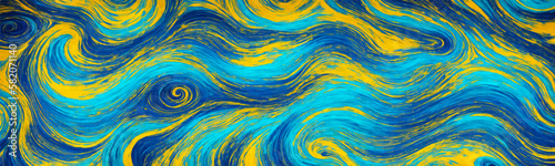 Luxurious, marbled blue background with swirling waves and liquid paint textures in gold, indigo, and turquoise. Modern, artistic design. Vector