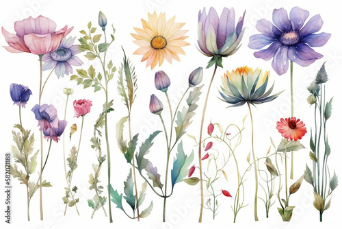 delicate watercolor beautiful meadow flowers on white background. generative ai