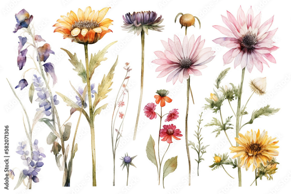 Obraz premium delicate watercolor beautiful meadow flowers on white background. generative ai