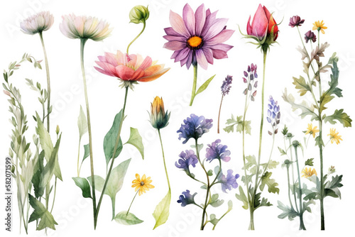 delicate watercolor beautiful meadow flowers on white background. generative ai