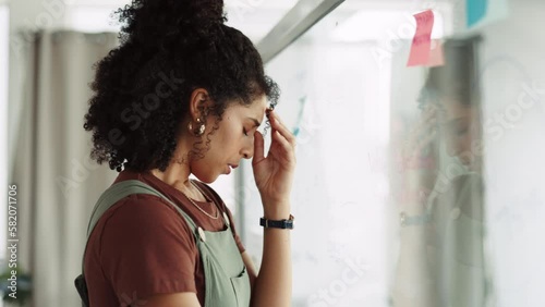 Woman, headache and stress in business brainstorming, planning or strategy in concern for project deadline. Tired female touching painful head or struggling with schedule tasks and ideas at workplace