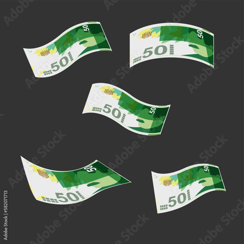 New Israeli Sheqel Vector Illustration. Indonesia, Timor-Leste money set bundle banknotes. Falling, flying money 50 ILS. Flat style. Isolated on white background. Simple minimal design.