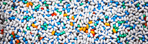Pharmacy texture pattern with icon medical pill design. Wide banner has white outline on repeated linear backdrop, creating modern and sleek pharmaceutical wallpaper. Vector