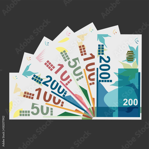 New Israeli Sheqel Vector Illustration. Indonesia, Timor-Leste money set bundle banknotes. Paper money 10, 50, 100, 200 ILS. Flat style. Isolated on white background. Simple minimal design.