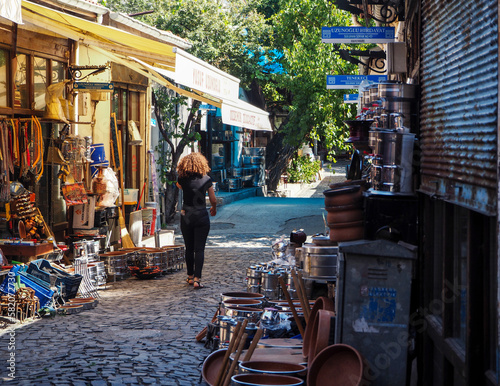 Handmade copper coffee pots and pots sold in the historical streets of Beypazarı city photo