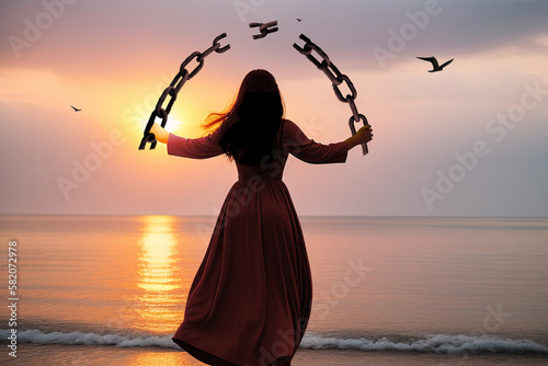 Une femme en robe rouge brise ses chaînes au lever du soleil sur une plage calme, avec des oiseaux volant autour d'elle symbolisant la liberté et l'espoir. La femme est un modèle 3D. Rendu 3D.
