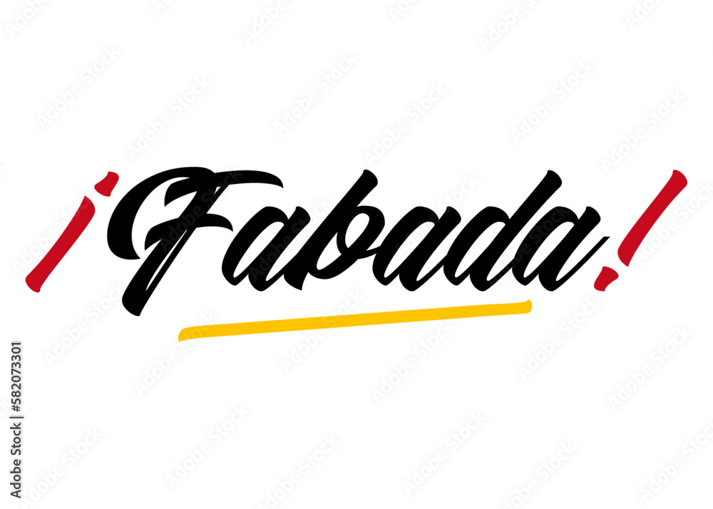 Cocina tradicional española. Letras palabra Fabada en texto manuscrito con los colores de la bandera de España Cocina tradicional española. Letras palabra Fabada en texto manuscrito con los colores de la bandera de España