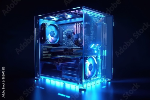 Gaming PC computer glowing in dark. Futuristic, modern illustration. Innovative technologies. Generative ai